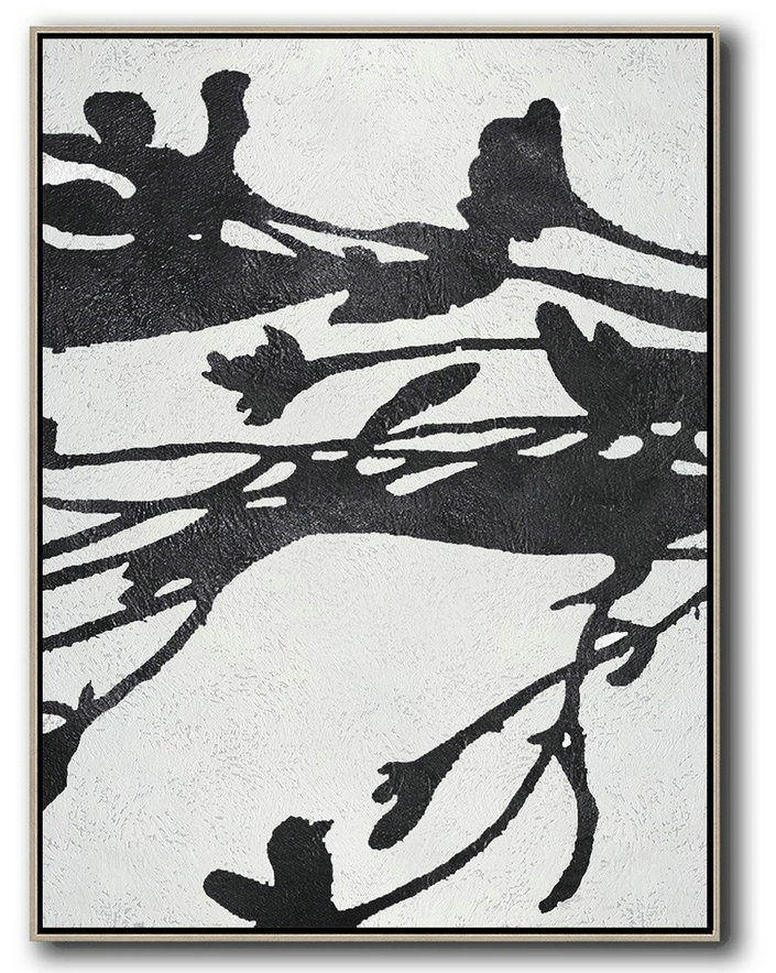 Large Contemporary Art Canvas Painting,Black And White Minimal Painting On Canvas - Large Wall Art Canvas
